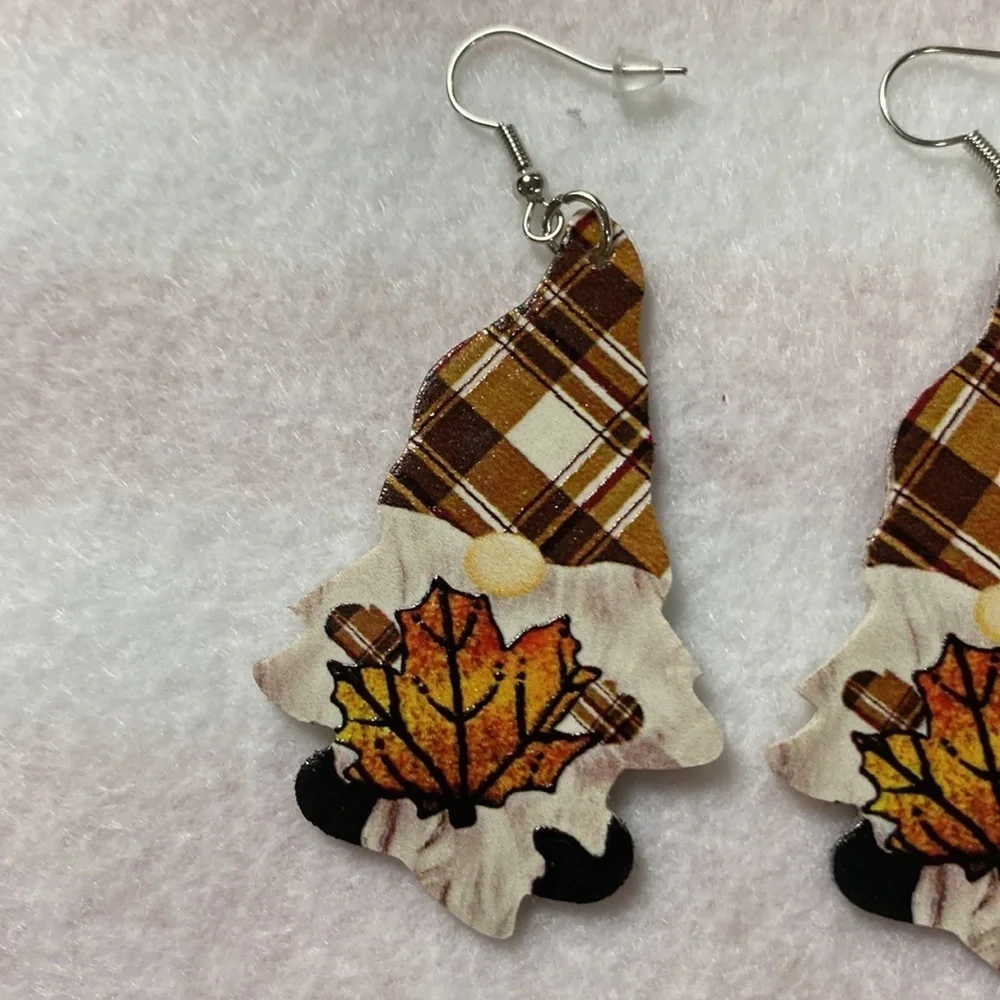 Faux Leather Gnome Shaped Fall Earrings Print both sides (CO) - Picture 2 of 6
